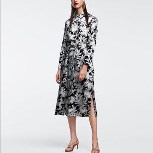 Zara Floral Black White New Long Tunic Shirt Dress